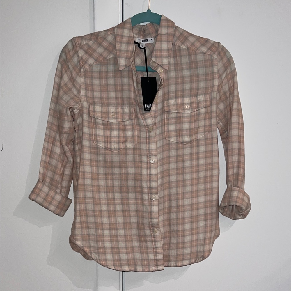 PAIGE Beige and Pink Plaid Casual Shirt